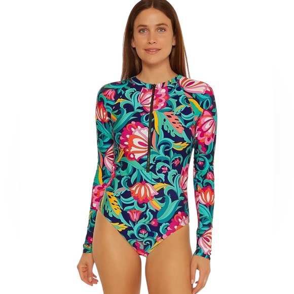 Trina Turk India Garden Paddle Long Sleeve One Piece Swimsuit Sz S - Picture 1 of 12